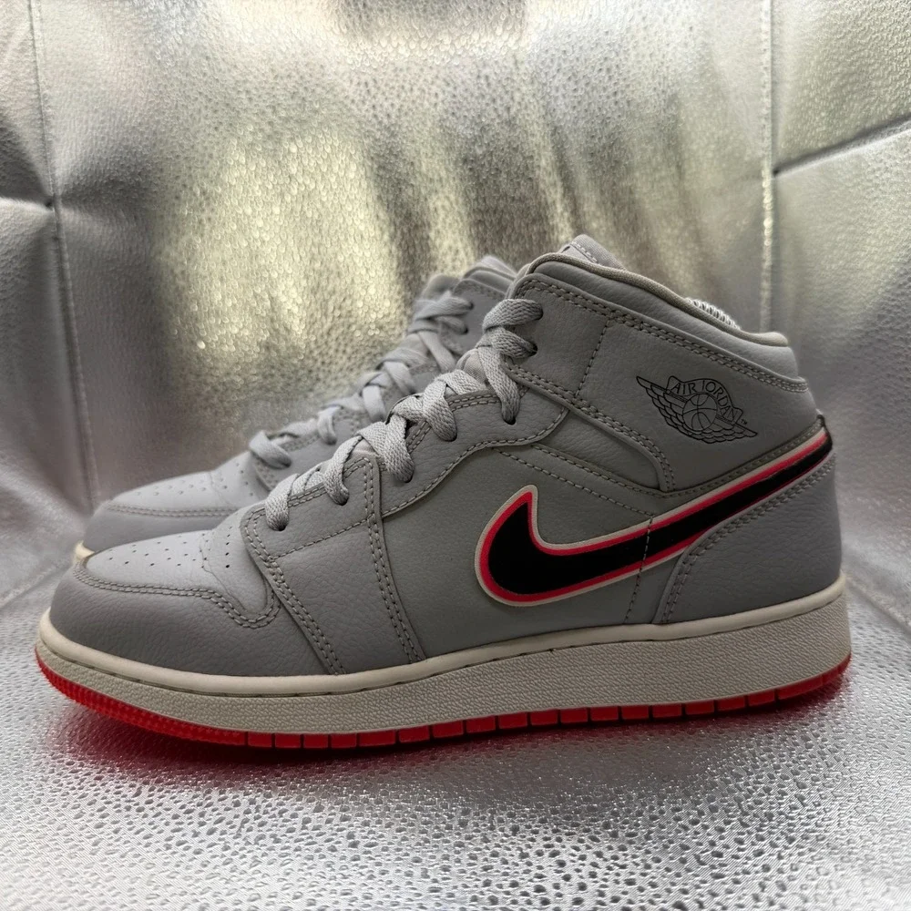 Size 7Y Nike Air Jordan 1‎ GS Mid Wolf Gray Pink Kids Sneaker Shoes 555112-060
